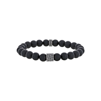 Bracelet élastique boules en Agate noire et perles ronde et carrée acier motif 