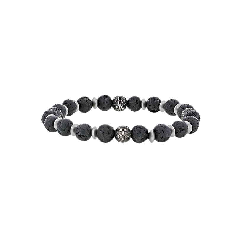 Bracelet élastique boules Pierre de lave, perles toupies et à motifs en relief acier