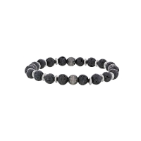 Bracelet élastique boules Pierre de lave, perles toupies et à motifs en relief acier