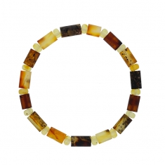 Bracelet élastique d'ambres cognac cylindres non polis et d'ambres miel cylindres polis