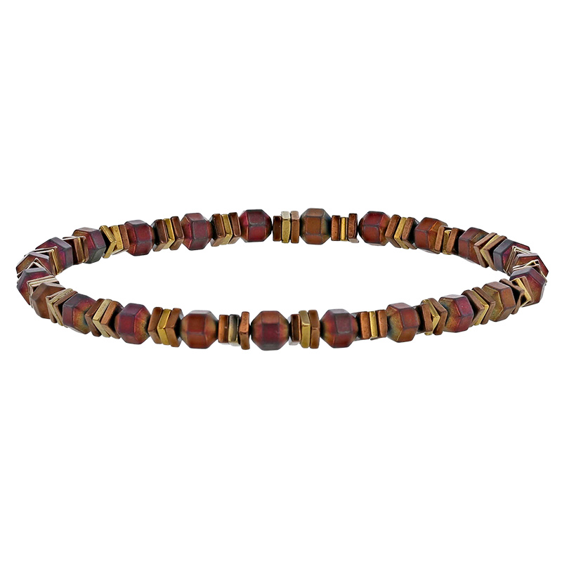 Bracelet élastique en hématites plates et boules, avec plaquage de couleur marron et doré
