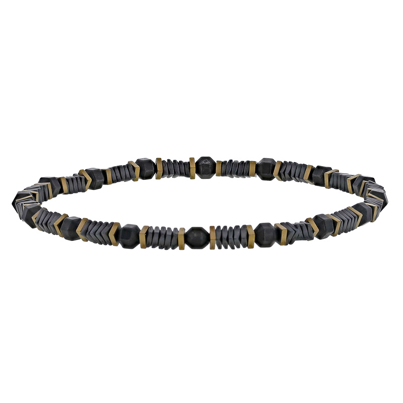 Bracelet élastique en hématites plates et boules, avec plaquage de couleur noire et dorée