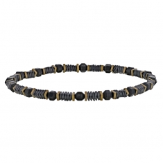 Bracelet élastique en hématites plates et boules, avec plaquage de couleur noire et dorée