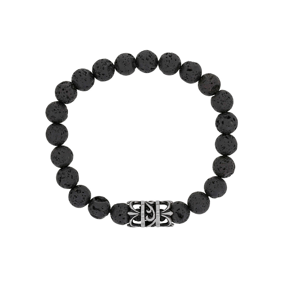 Bracelet élastique en pierres de Lave et perle tube à motif ajouré en acier mat