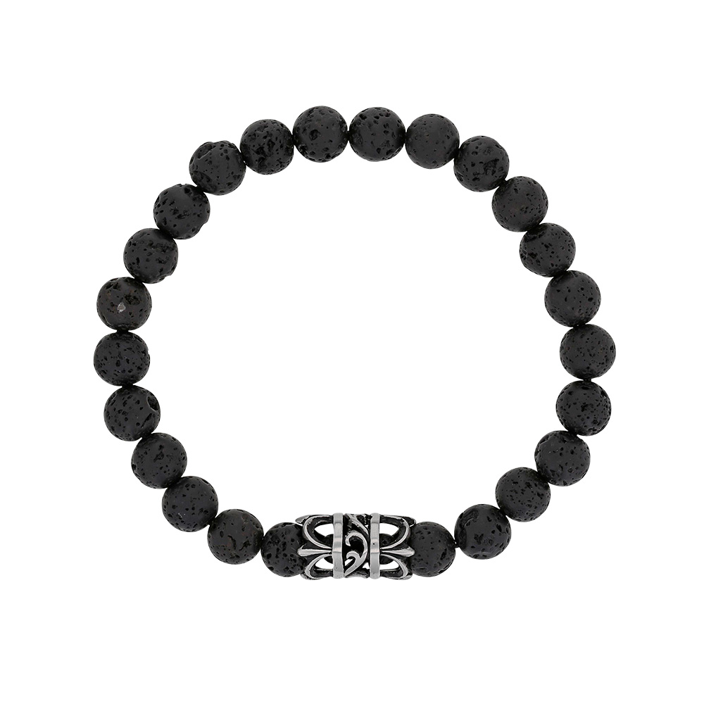 Bracelet élastique en pierres de Lave et perle tube à motif ajouré en acier mat