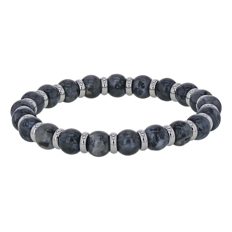 Bracelet élastique orné de boules en jade bleue et rondelles en acier