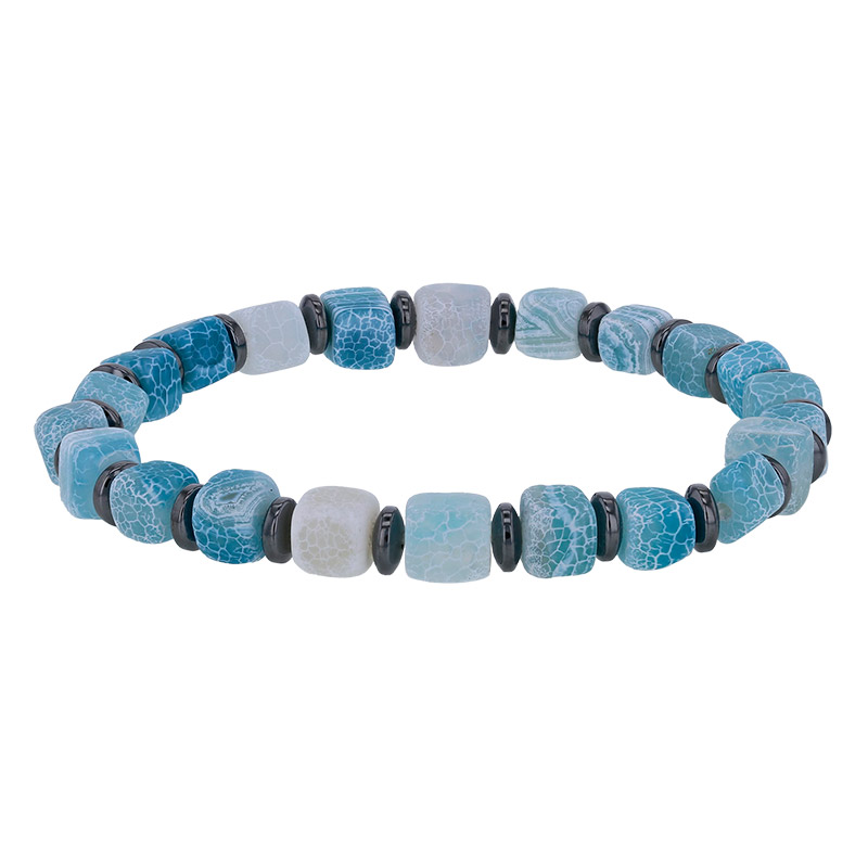 Bracelet élastique orné de cube calcédoine bleue et rondelle en hématite