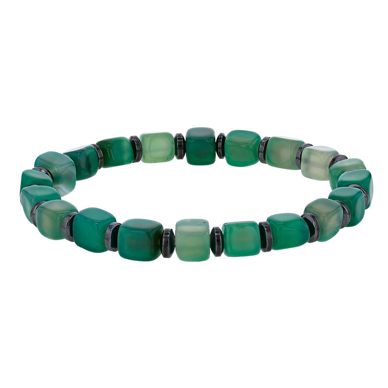 Bracelet élastique orné de cube calcédoine bleue et rondelle en hématite