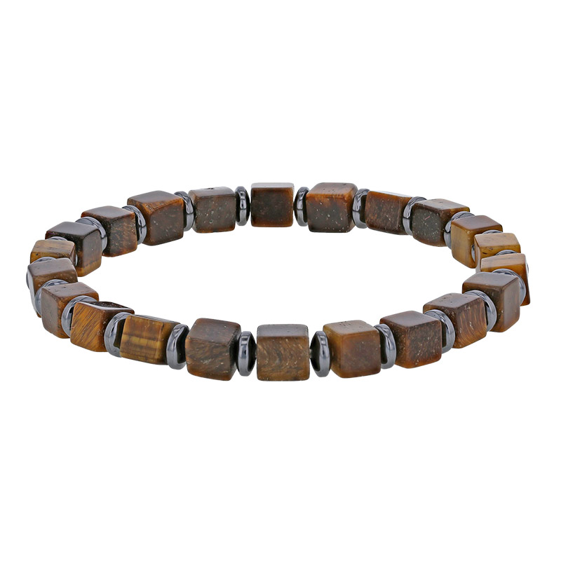 Bracelet élastique orné de cube calcédoine bleue et rondelle en hématite