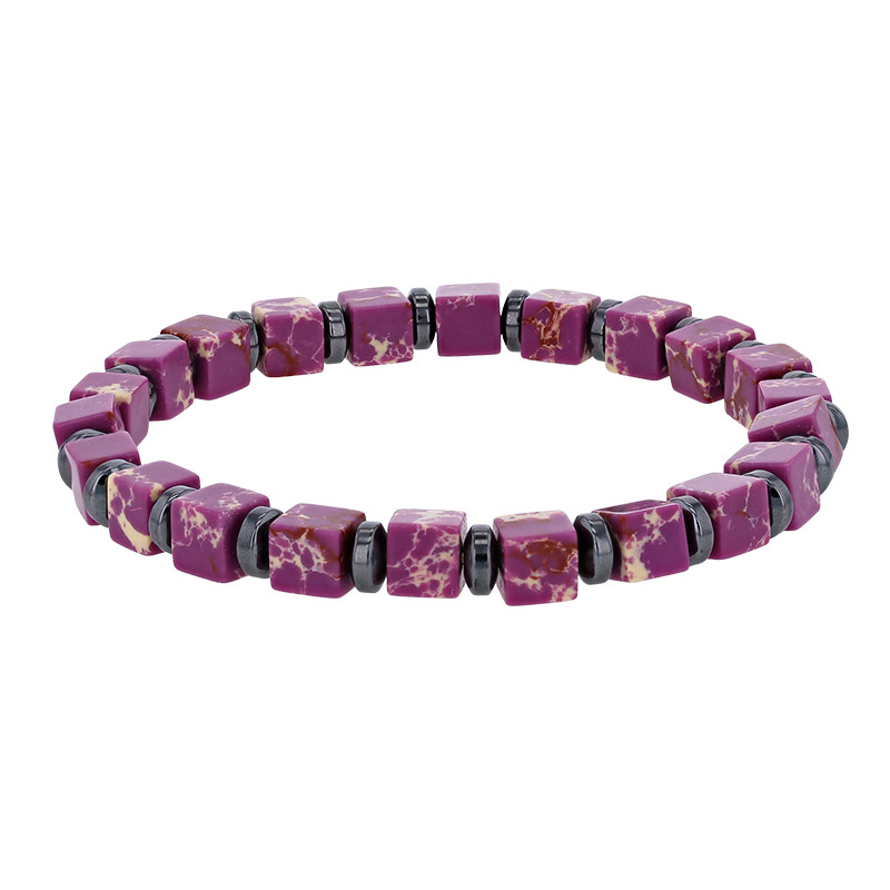 Bracelet élastique orné de cube calcédoine bleue et rondelle en hématite