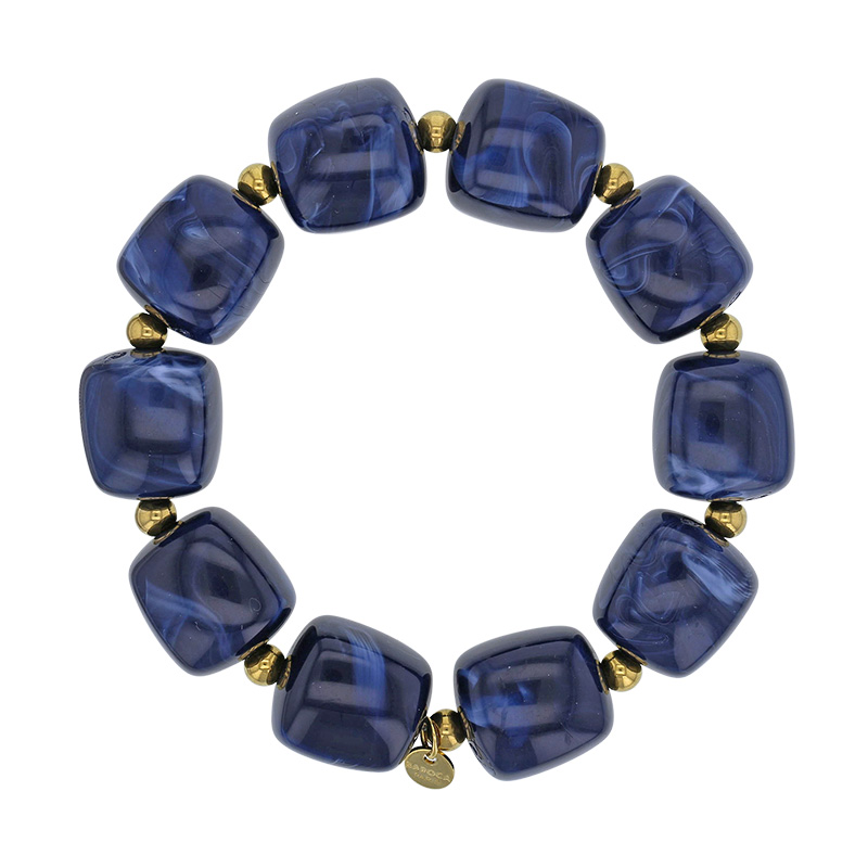 Bracelet élastique orné de cubes en résine bleue et perles dorés, acier doré