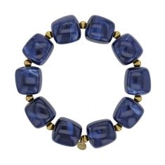 Bracelet élastique orné de cubes en résine bleue et perles dorés, acier doré