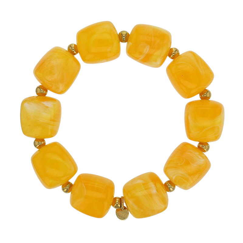 Bracelet élastique orné de cubes en résine rouge et perles dorées, acier doré
