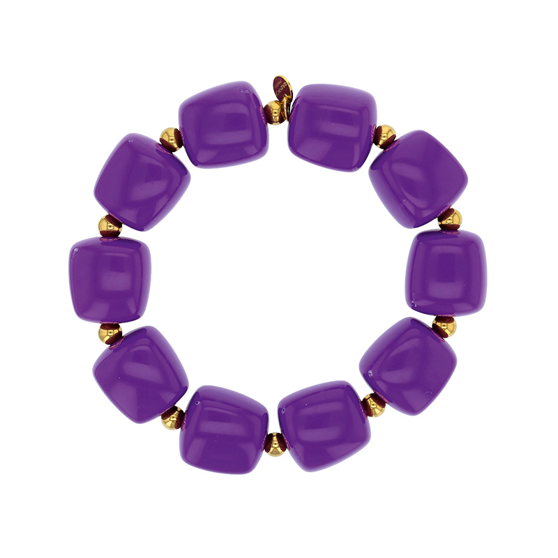 Bracelet élastique orné de cubes en résine rouge et perles dorées, acier doré