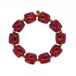 Bracelet élastique orné de cubes en résine rouge et perles dorées, acier doré