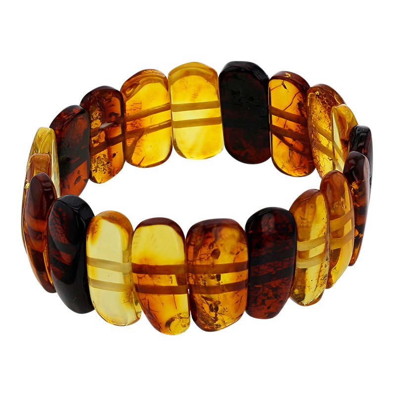 Bracelet élastique ovale large ambre cognac, miel, vert et cerise
