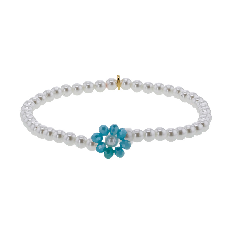 Bracelet élastique perles cristal et nacre de Majorque, fleur cristal bleu clair