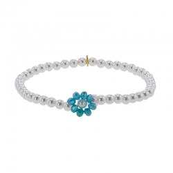 Bracelet élastique perles cristal et nacre de Majorque, fleur cristal bleu clair