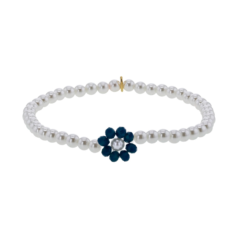 Bracelet élastique perles cristal et nacre de Majorque, fleur cristal bleu foncé