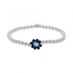 Bracelet élastique perles cristal et nacre de Majorque, fleur cristal bleu foncé