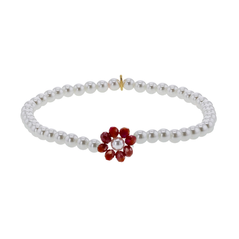 Bracelet élastique perles cristal et nacre de Majorque, fleur cristal fuchsia