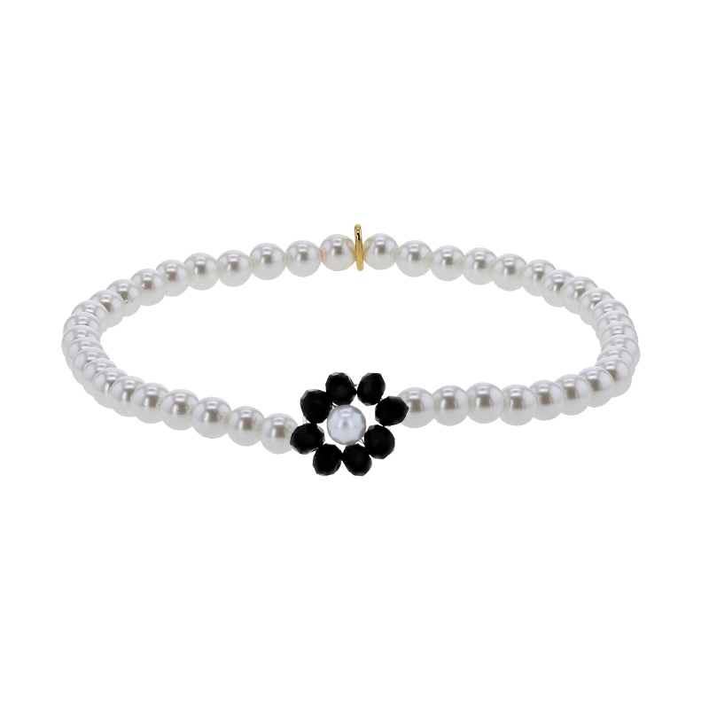 Bracelet élastique perles cristal et nacre de Majorque, fleur cristal noire