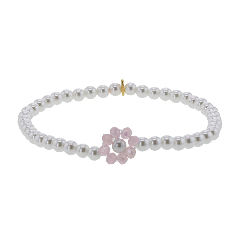 Bracelet élastique perles cristal et nacre de Majorque, fleur cristal rose clair