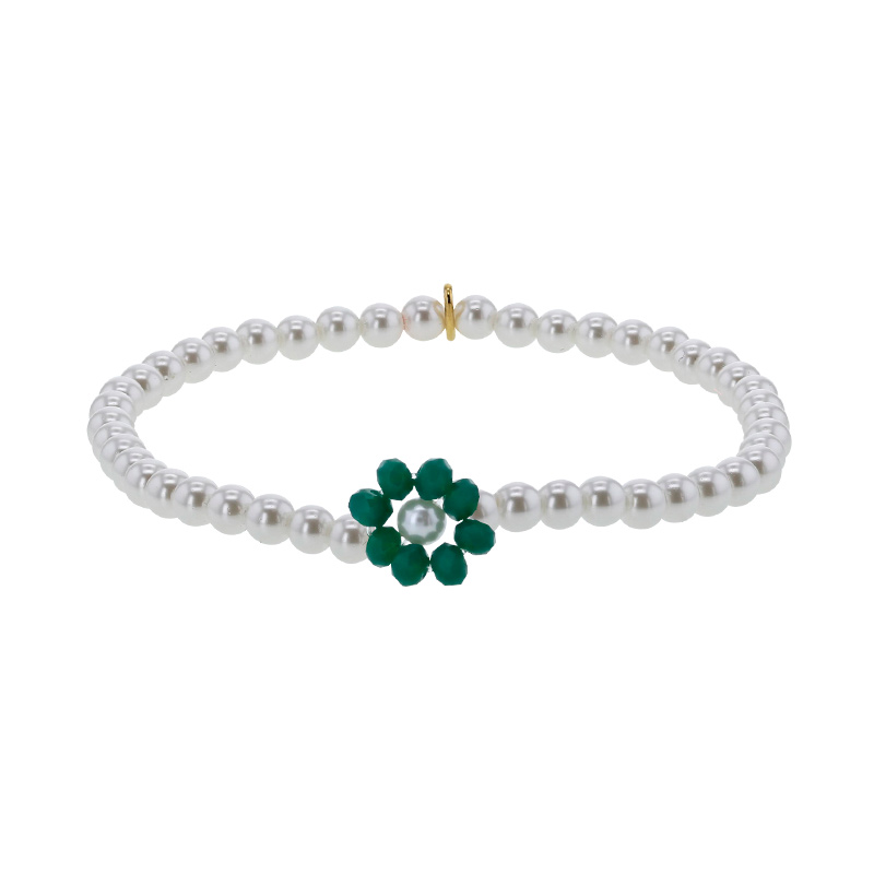 Bracelet élastique perles cristal et nacre de Majorque, fleur cristal vert foncé