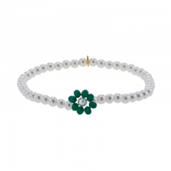 Bracelet élastique perles cristal et nacre de Majorque, fleur cristal vert foncé
