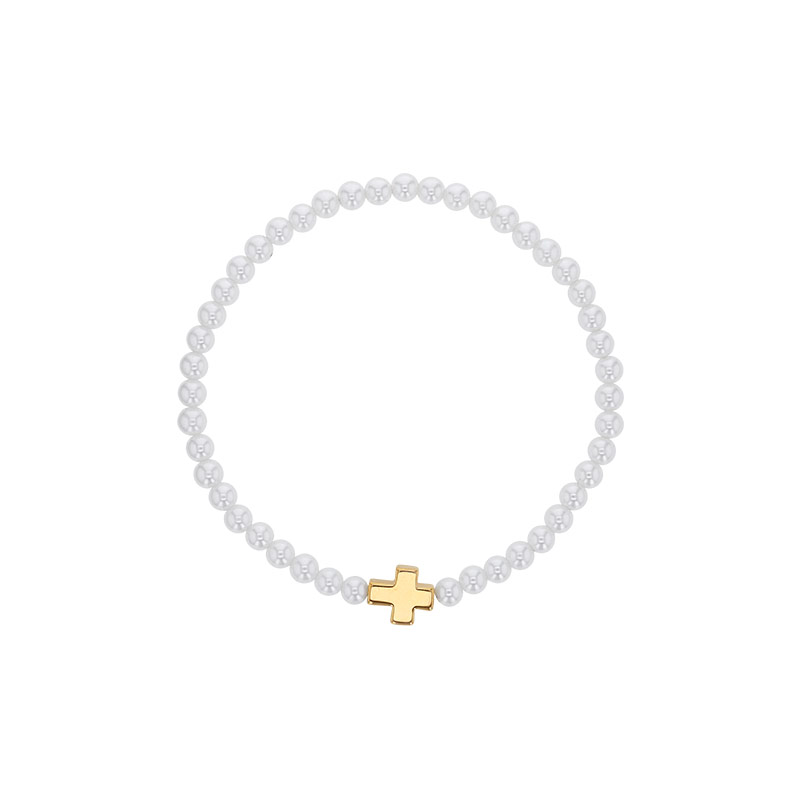 Bracelet élastique perles de Majorque orné d'une croix laiton doré