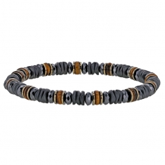 Bracelet élastique plat avec acier doré, hématite et oeil de tigre