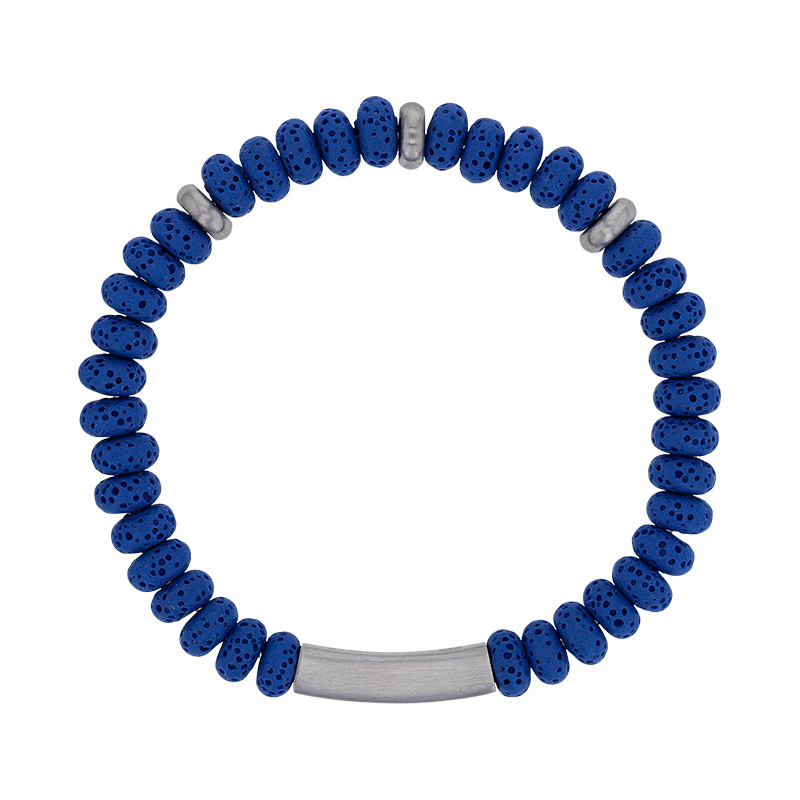 Bracelet élastique, tube en acier et pierres de lave bleues