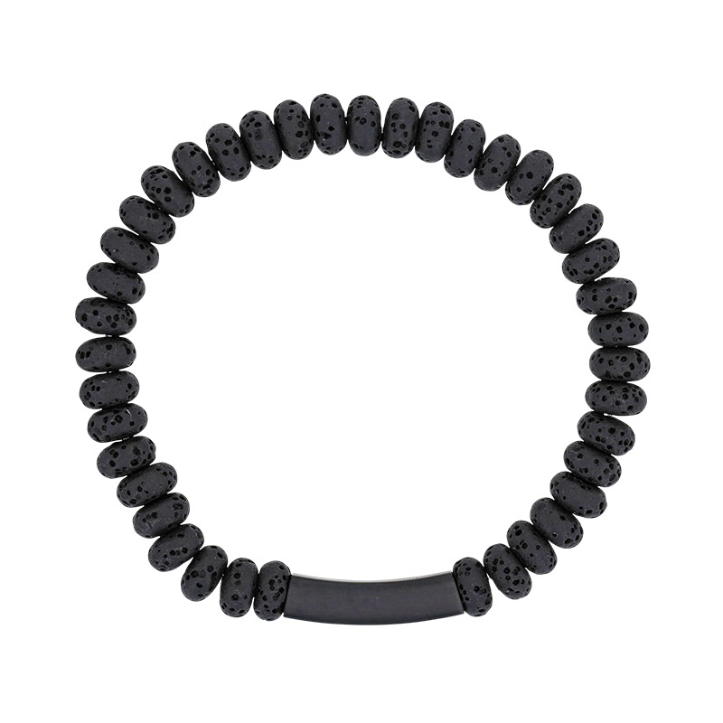 Bracelet élastique, tube en acier et pierres de lave noires