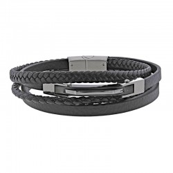 Bracelet en acier à 5 rangs en cuir de bovin noir lisse, tressé et rectangle en acier
