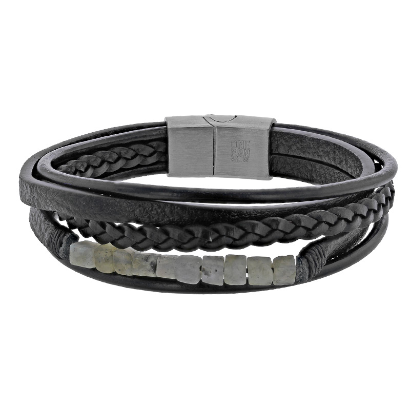 Bracelet en acier à 5 rangs en cuir de bovin noir lisse, tressé et orné de cubes en labradorite