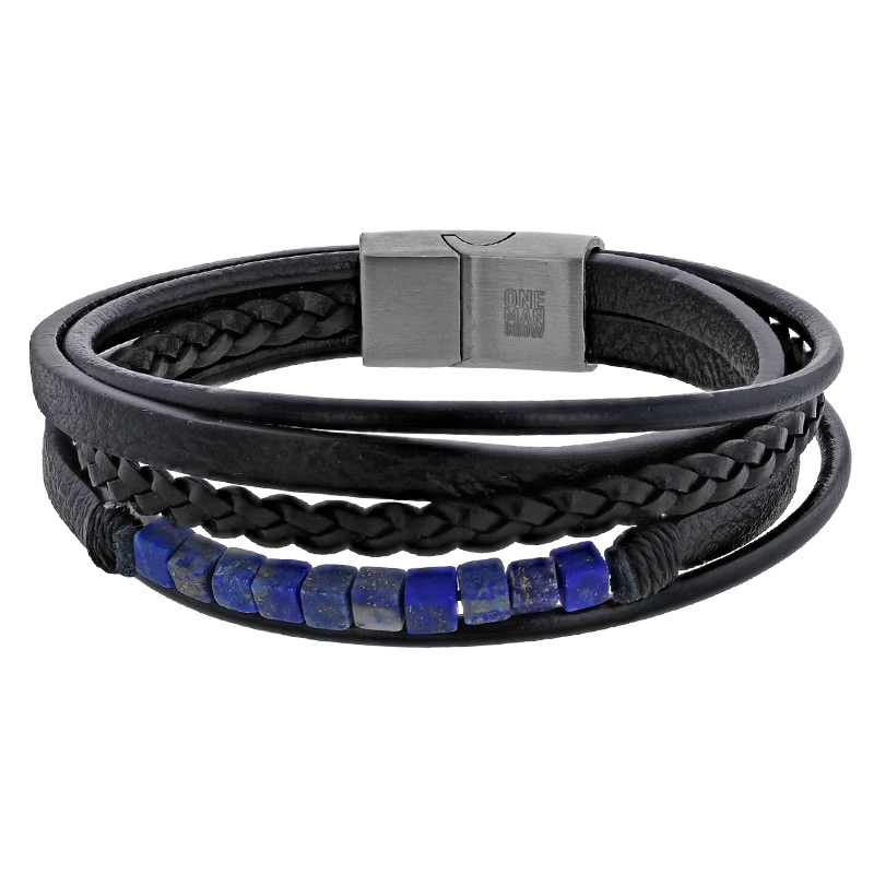 Bracelet en acier à 5 rangs en cuir de bovin noir lisse, tressé et orné de cubes en lapis-lazuli