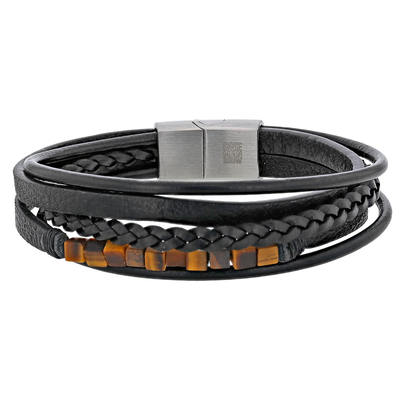 Bracelet en acier à 5 rangs en cuir de bovin noir lisse, tressé et orné de cubes en oeil de tigre