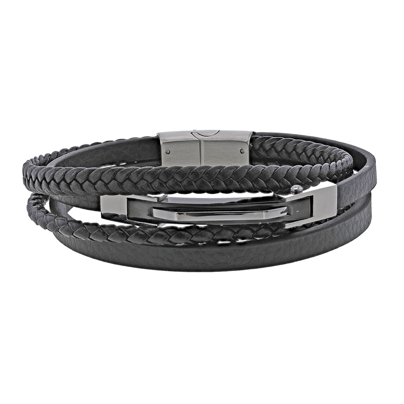 Bracelet en acier à 5 rangs en cuir de bovin noir lisse, tressé et rectangle en acier