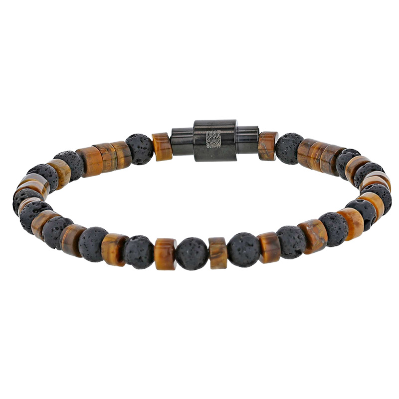 Bracelet en acier avec oeil de tigre et pierre de lave, fermoir aimanté