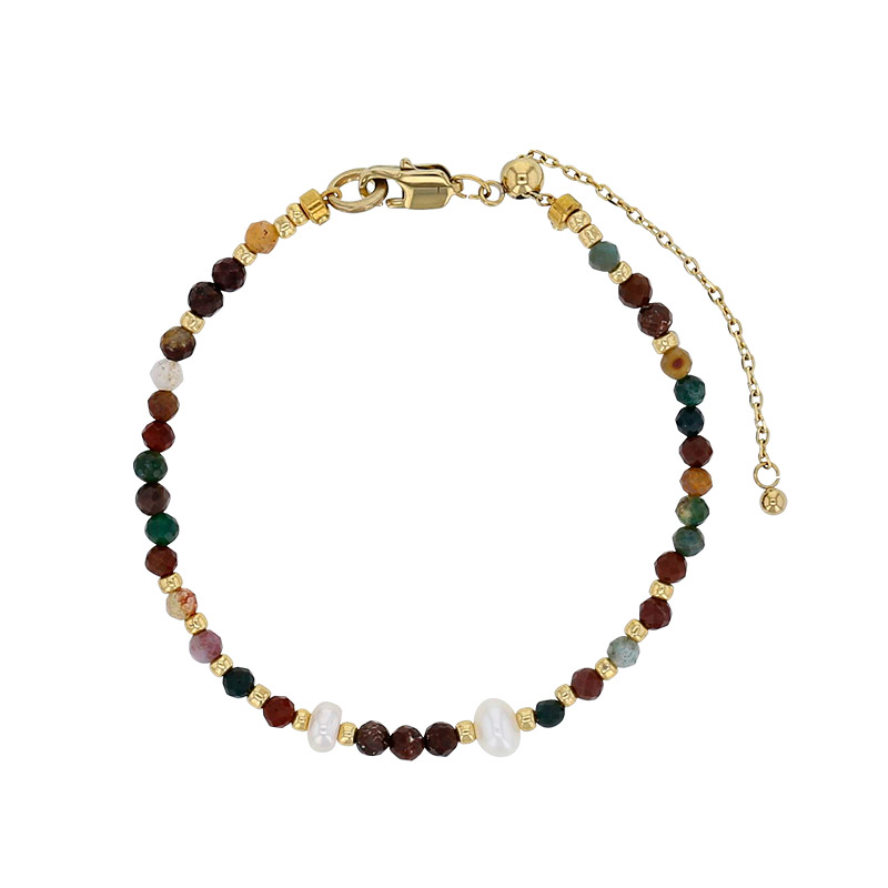 Bracelet en acier doré avec perles de verre Miyuki, perles de culture d'eau douce et agate indienne