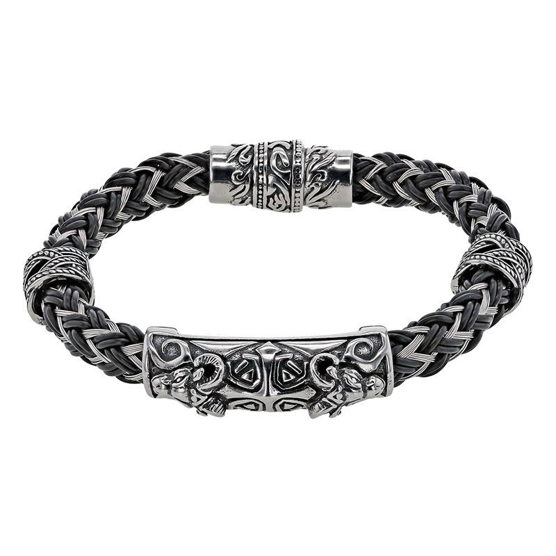 Bracelet en acier et caoutchouc avec motif têtes de bélier et fermoir magnétique