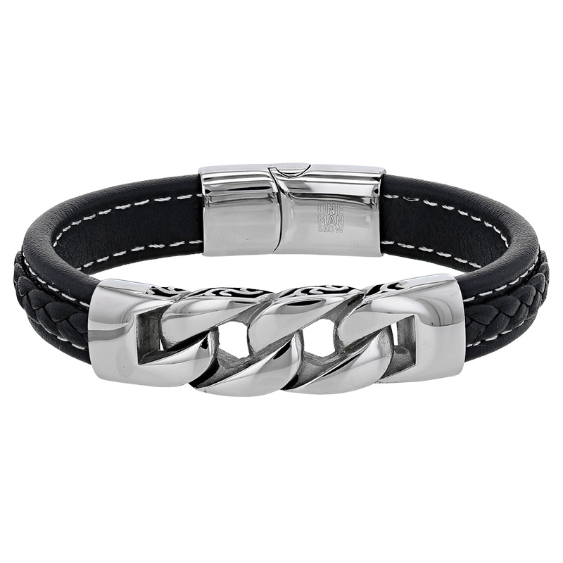Bracelet en acier et cuir de bovin noir avec maille gourmette centrale à motifs gravés