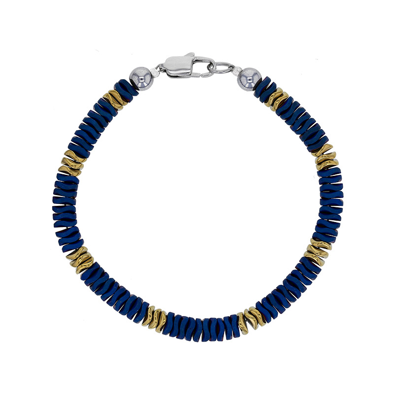 Bracelet en acier et hématites bleues et dorées