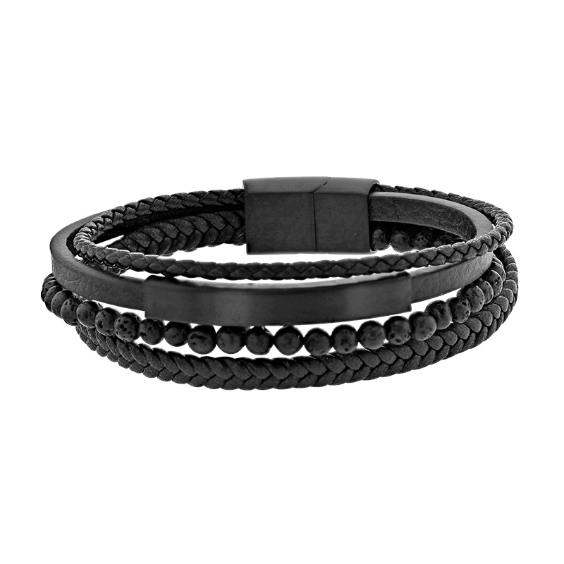 Bracelet en acier, 4 rangs synthétiques lisses et tressés, orné de pierres de lave noires