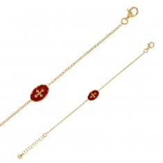 Bracelet en argent 925/1000 doré médaille ovale avec émail rouge carmin motif croix