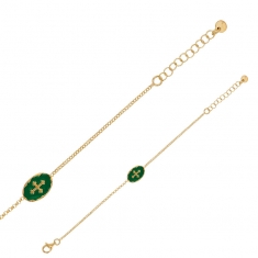 Bracelet en argent 925/1000 doré médaille ovale avec émail vert émeraude motif croix
