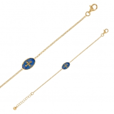 Bracelet en argent 925/1000 doré médaille ovale en émail bleu motif croix