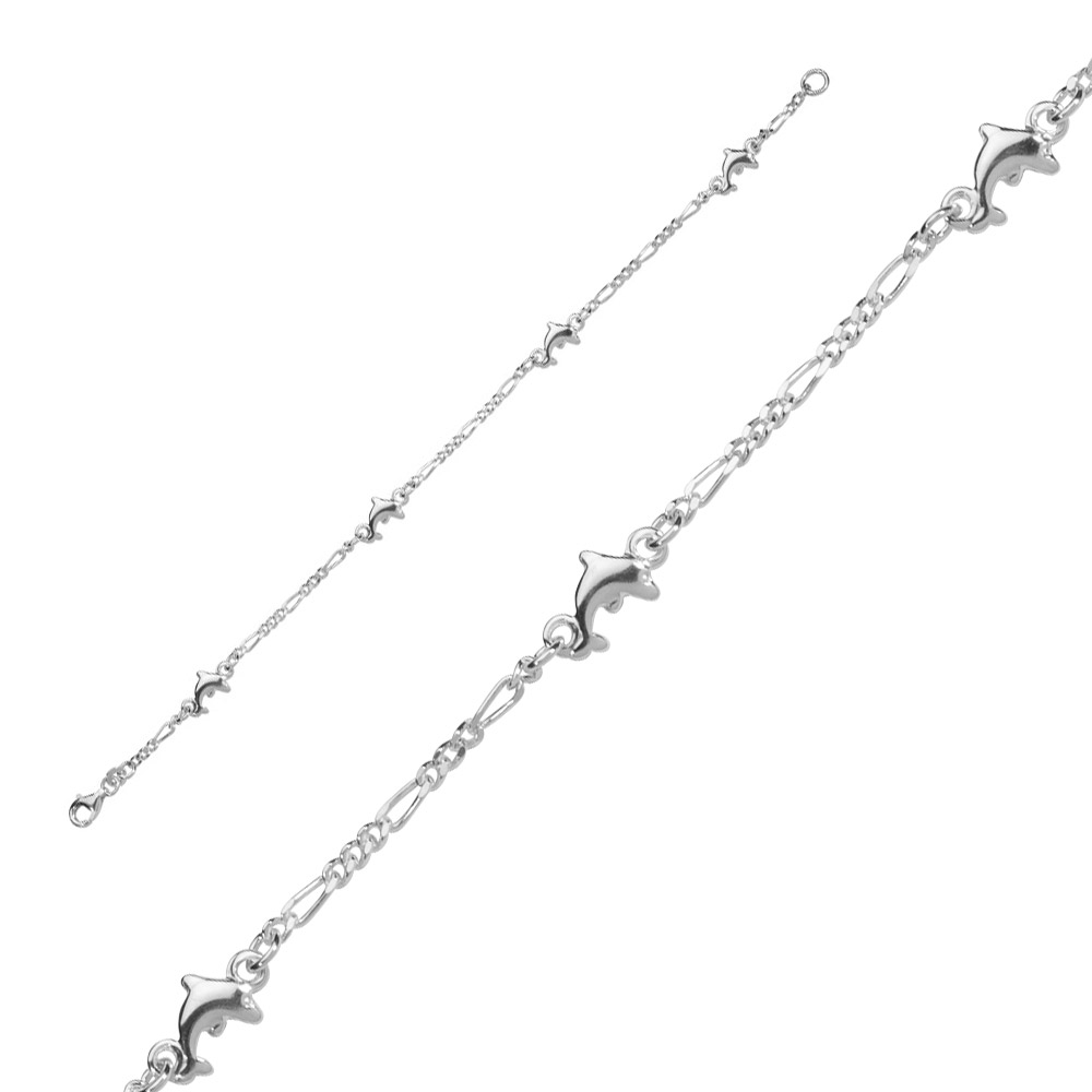 Bracelet en argent 925/1000 avec maille figaro orné de dauphins