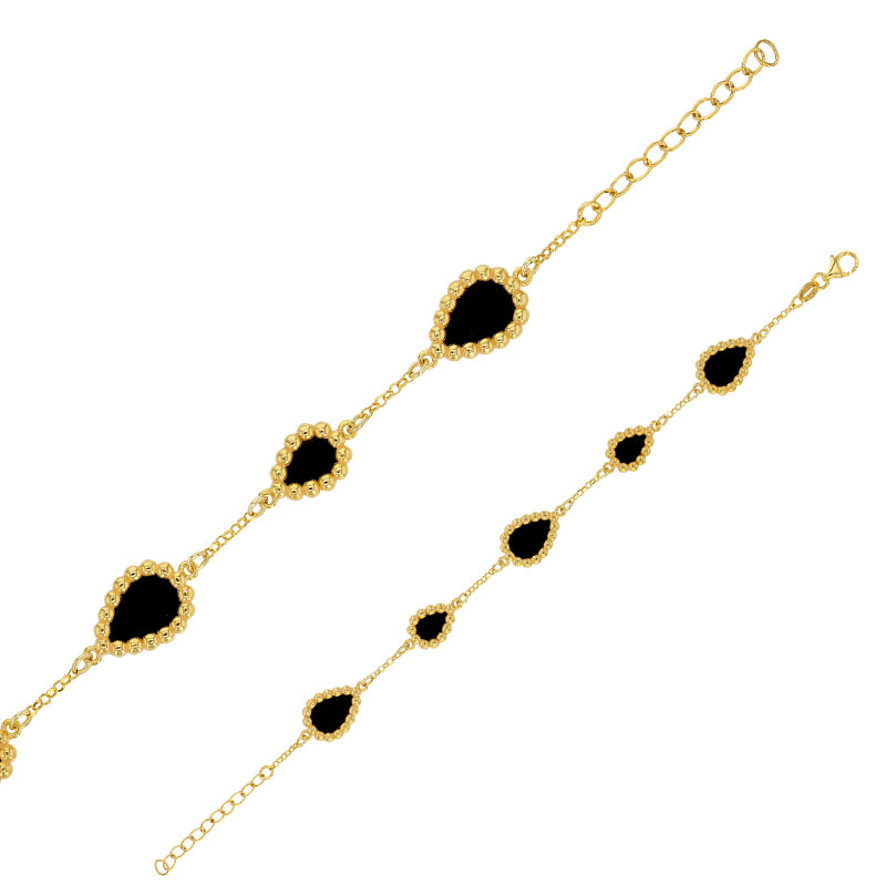 Bracelet en argent 925/1000 doré avec gouttes perlées en Agate noire