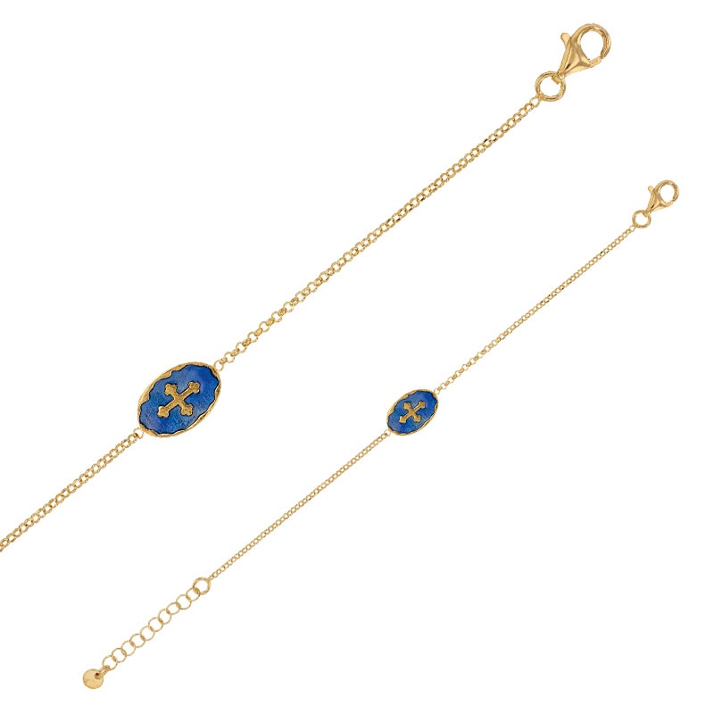 Bracelet en argent 925/1000 doré médaille ovale en émail bleu motif croix
